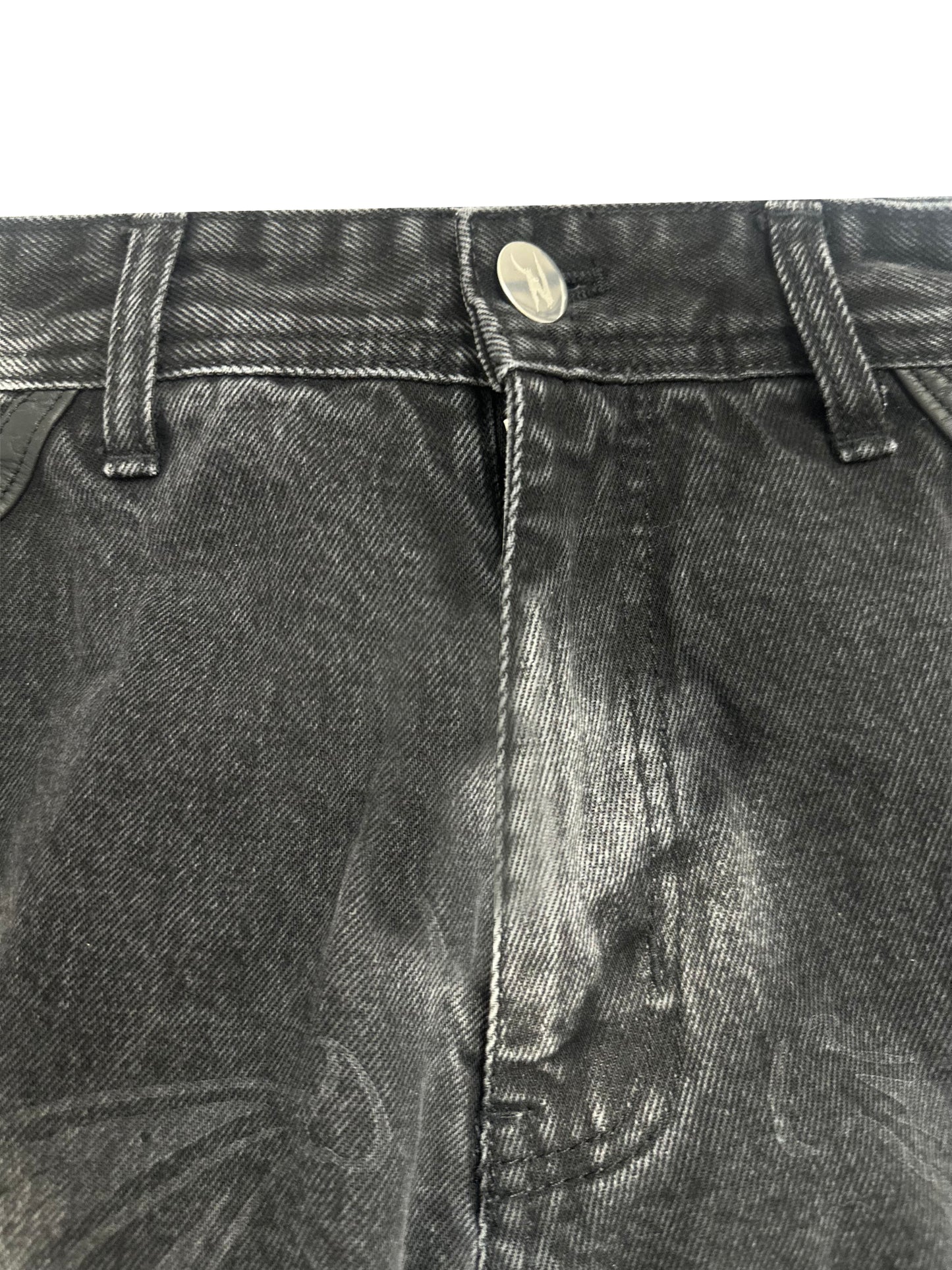 GHOST LOGO LEATHER PATCH DISTRESSED JEANS