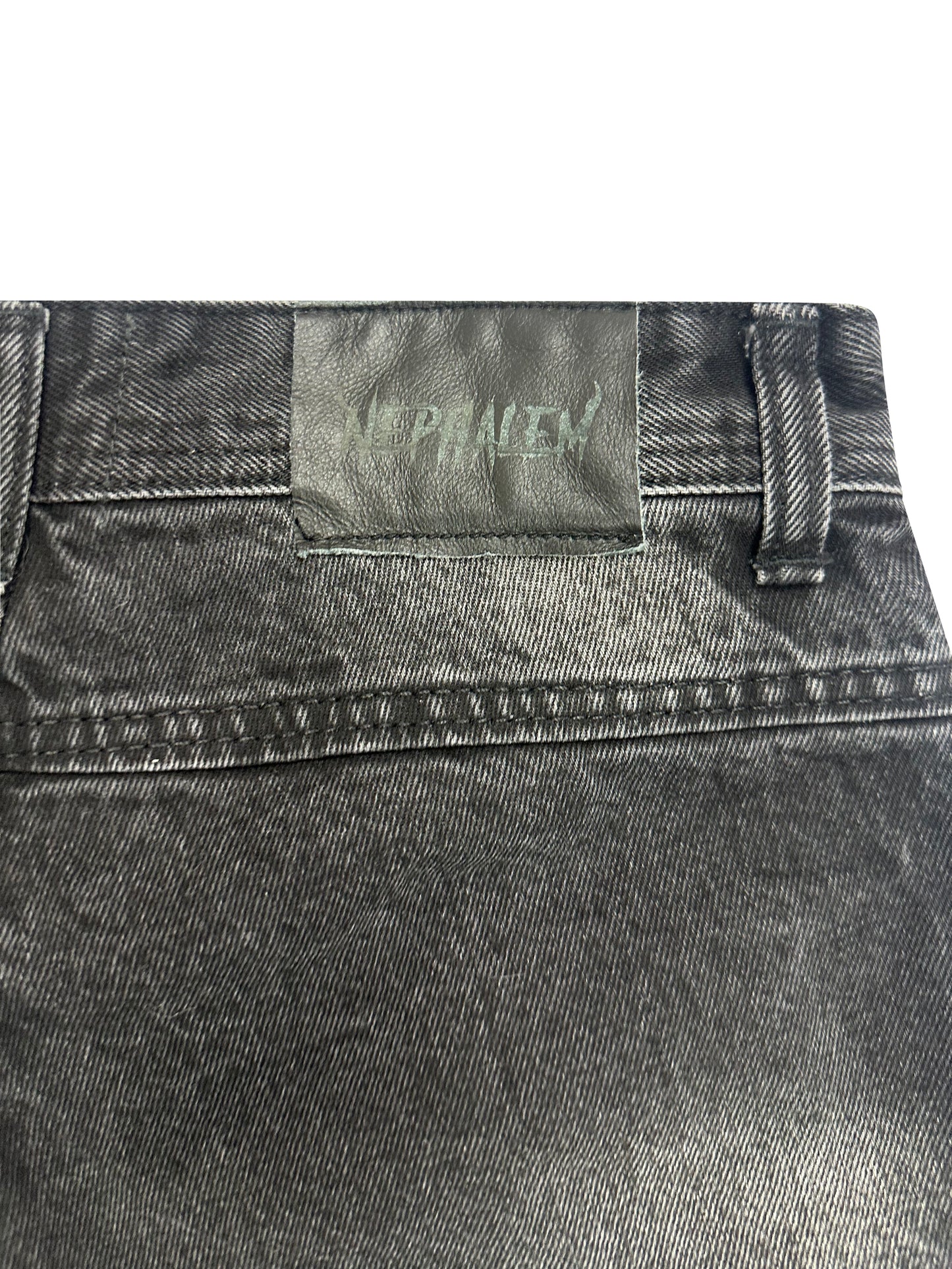 GHOST LOGO LEATHER PATCH DISTRESSED JEANS