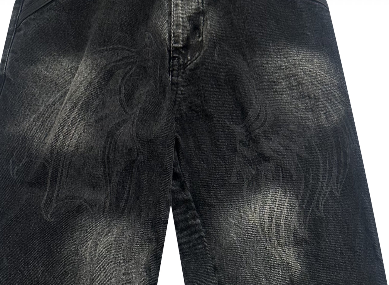 GHOST LOGO LEATHER PATCH DISTRESSED JEANS