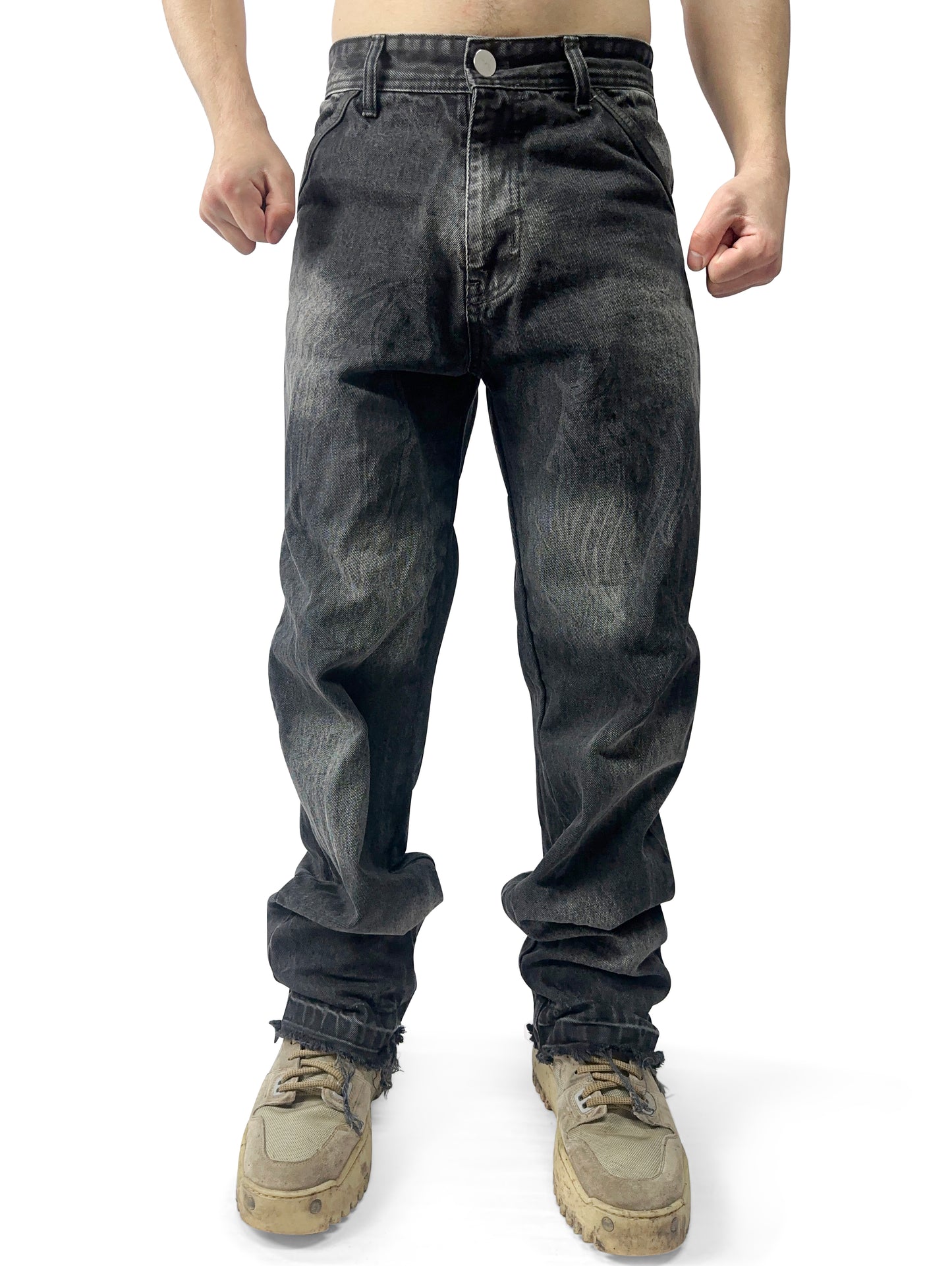 GHOST LOGO LEATHER PATCH DISTRESSED JEANS