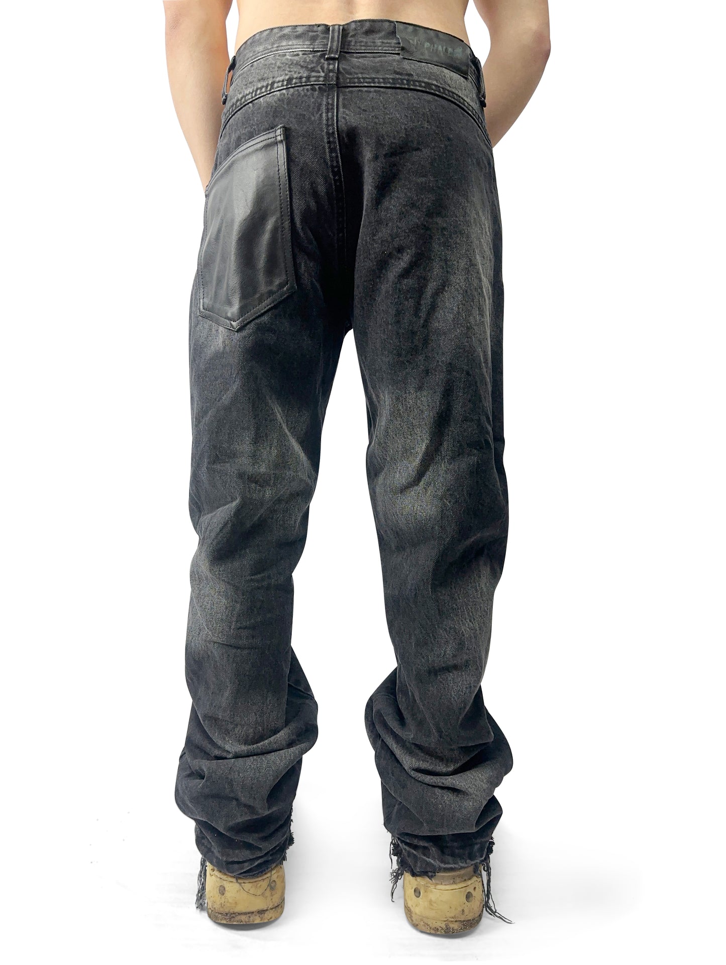 GHOST LOGO LEATHER PATCH DISTRESSED JEANS